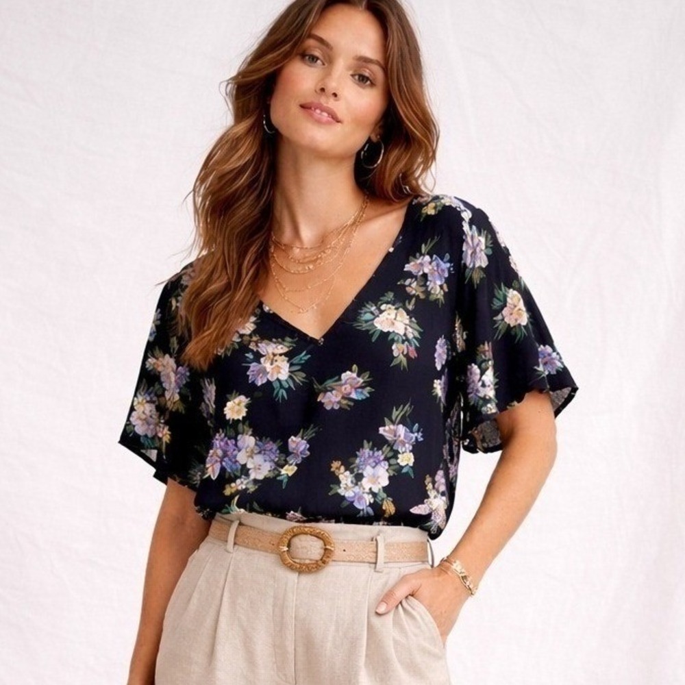 Velvet by Graham & Spencer Black Floral Viscose Tie Neck Flutter Sleeve Blouse S